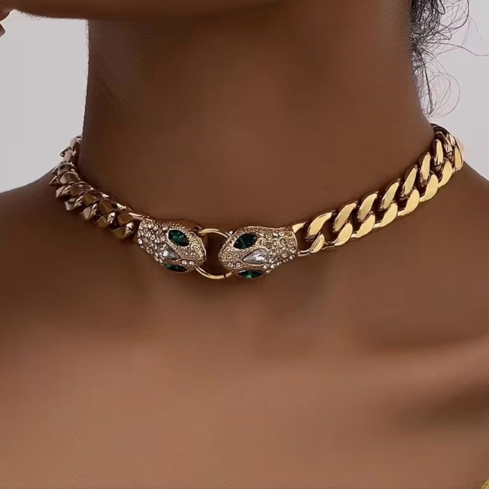 💚 Unique Style Gold chain link double Snake Head Necklace 💚